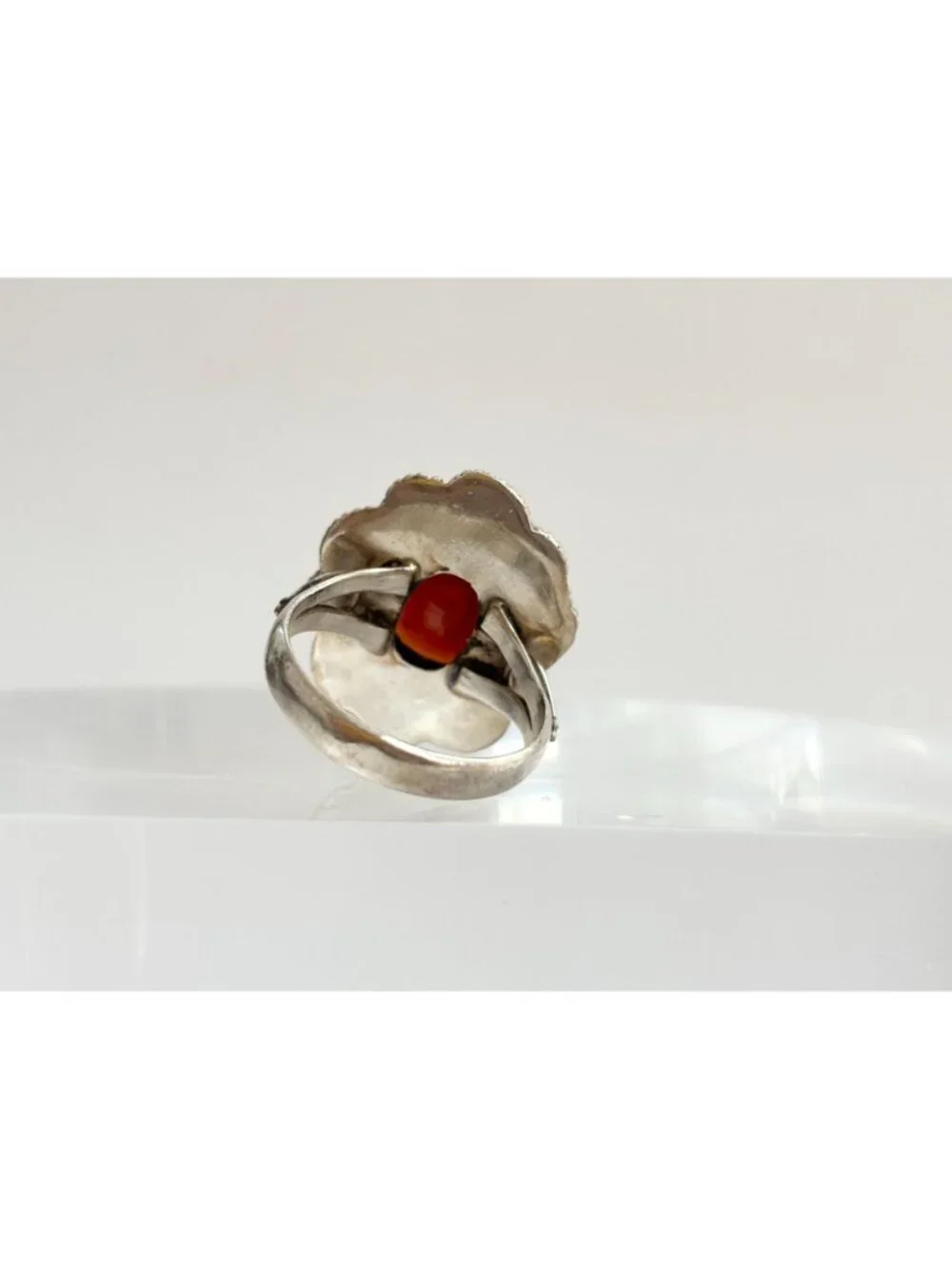 Oval Garnet Gemstone Scalloped Oxidized Sterling Silver 925 Vintage Ring sz 7.5